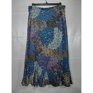 Vtg Y2K Hypnotized Peacock‎ Flare Midi Skirt LG Multicolor